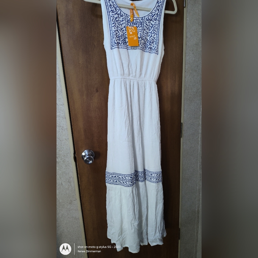 White and Blue Sleeveless Dress by Magic